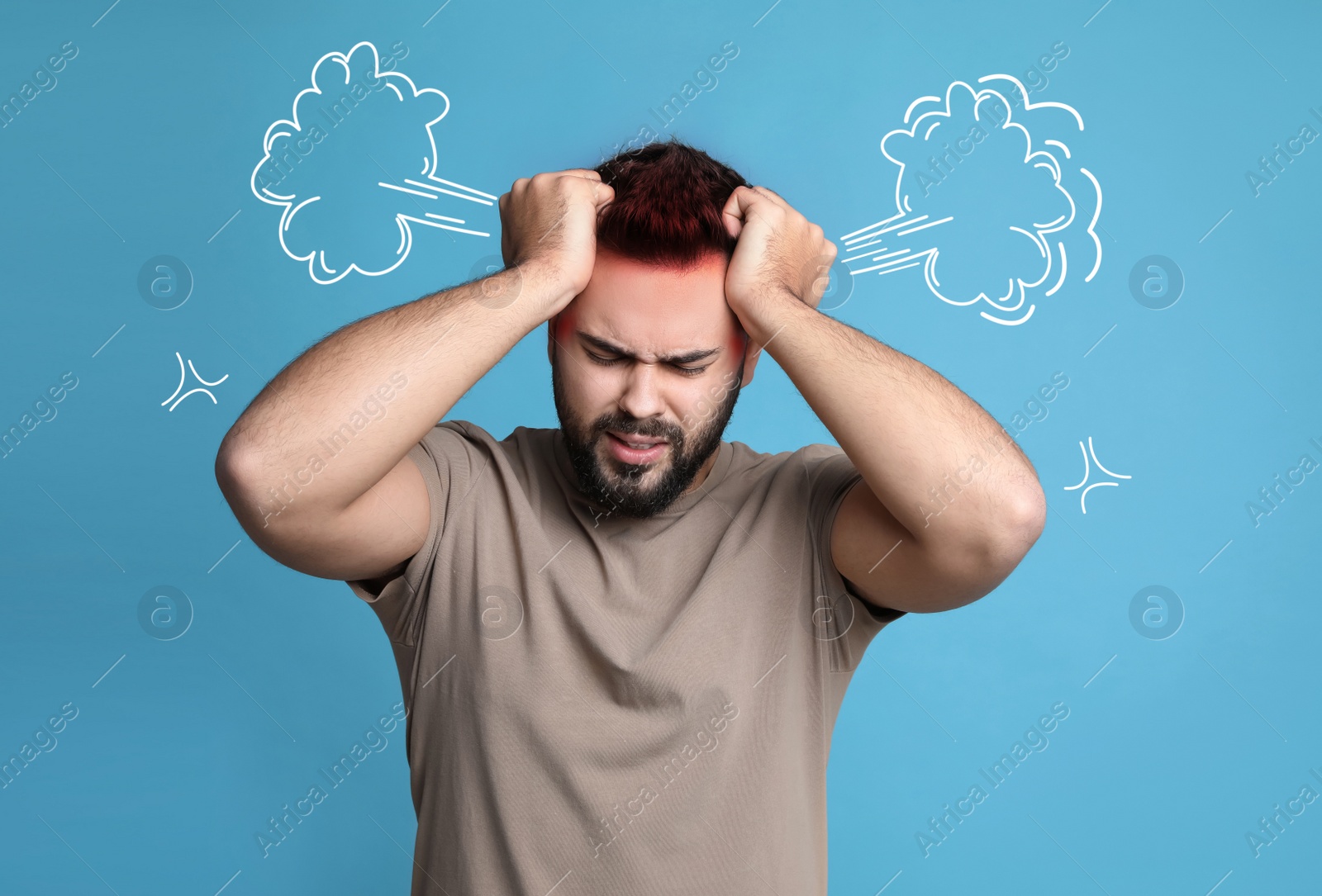 Image of Young man having headache on light blue background. Illustration of steam representing severe pain