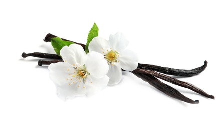 Photo of Vanilla sticks and flowers on white background