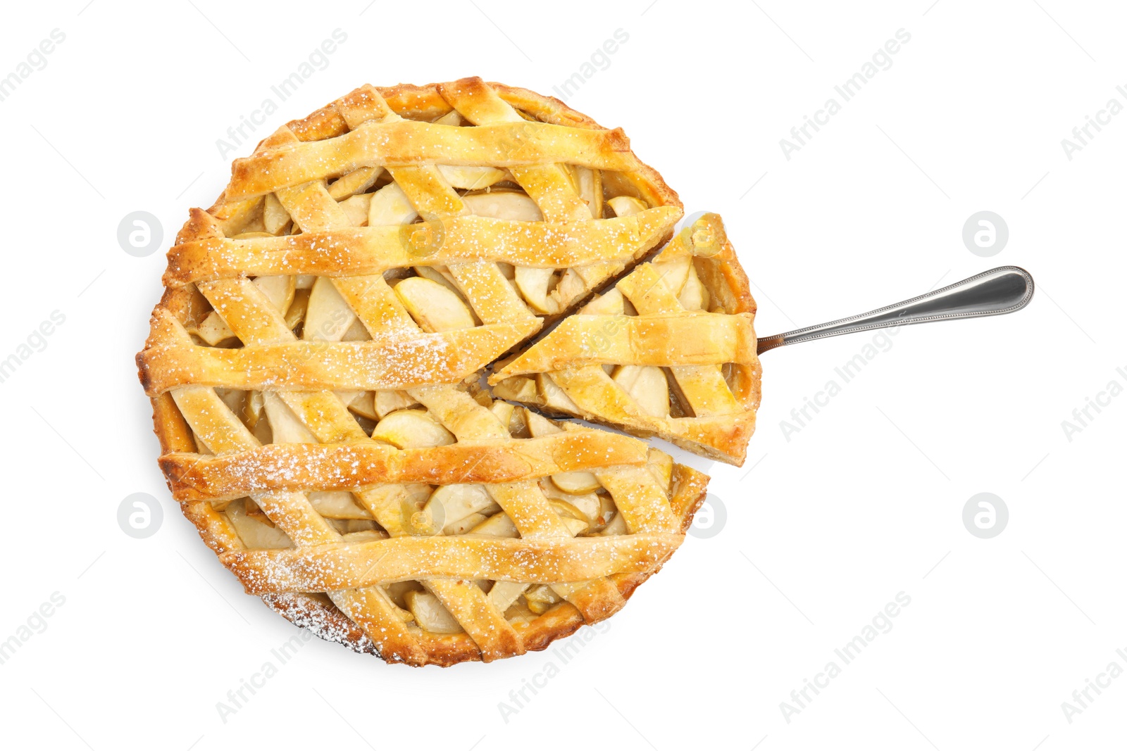 Photo of Delicious traditional apple pie isolated on white, top view