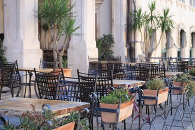 Photo of Outdoor cafe with stylish furniture and plants in pots