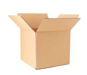 Photo of One open cardboard box isolated on white