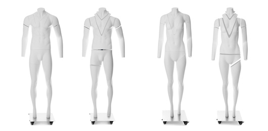 Image of Set of ghost headless mannequins with removable pieces on white background