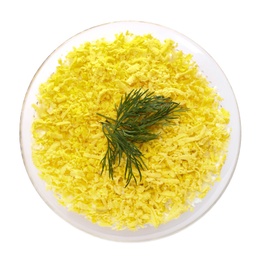 Traditional russian salad Mimosa on white background, top view