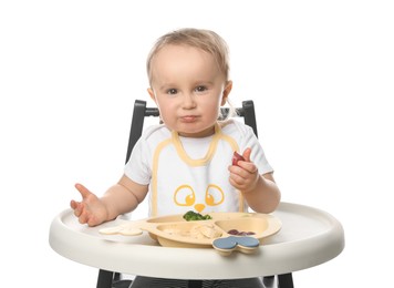 Cute little baby wearing bib while eating on white background