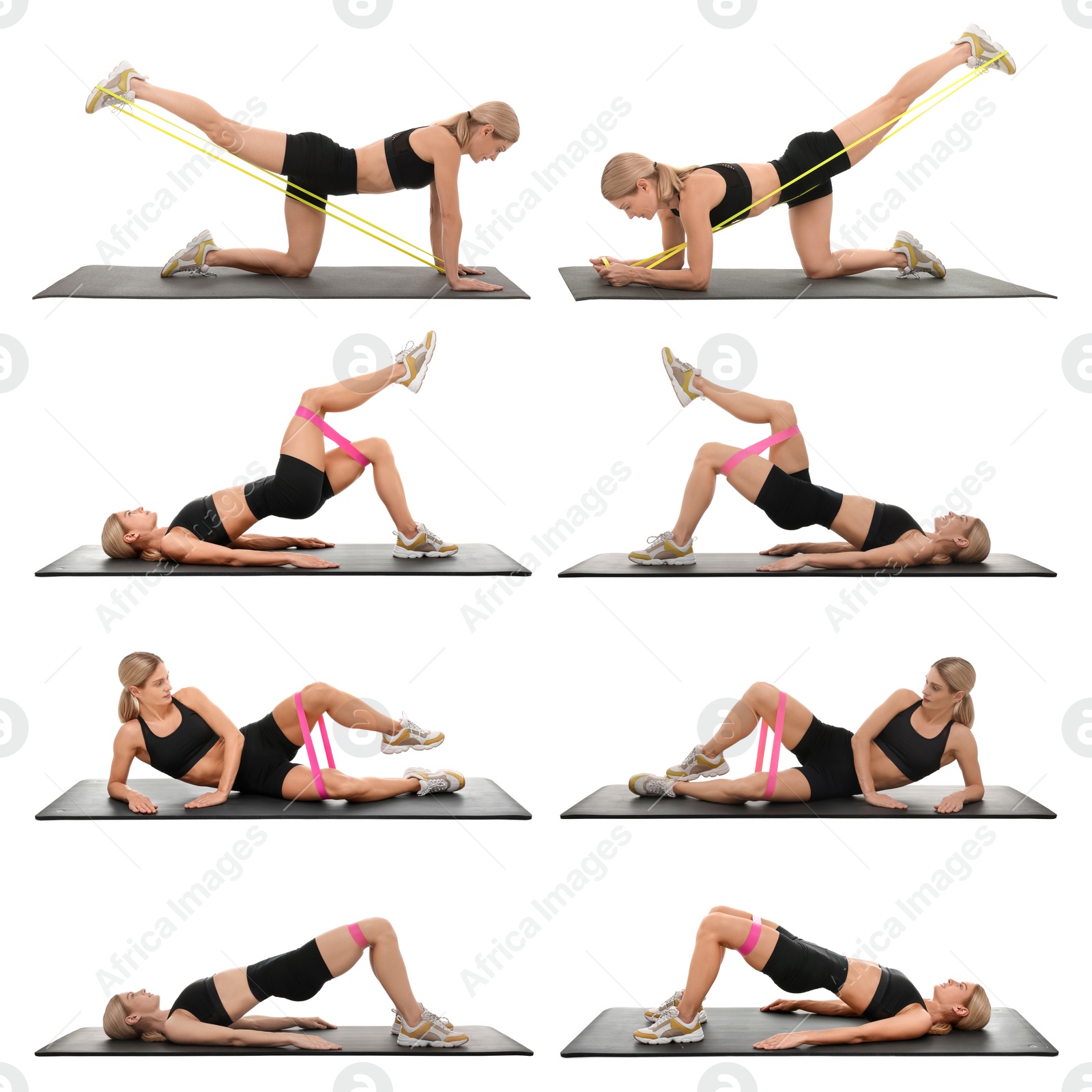 Image of Athletic woman doing different exercises with elastic resistance band on white background, set of photos