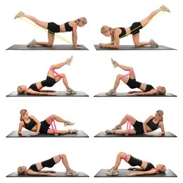 Athletic woman doing different exercises with elastic resistance band on white background, set of photos