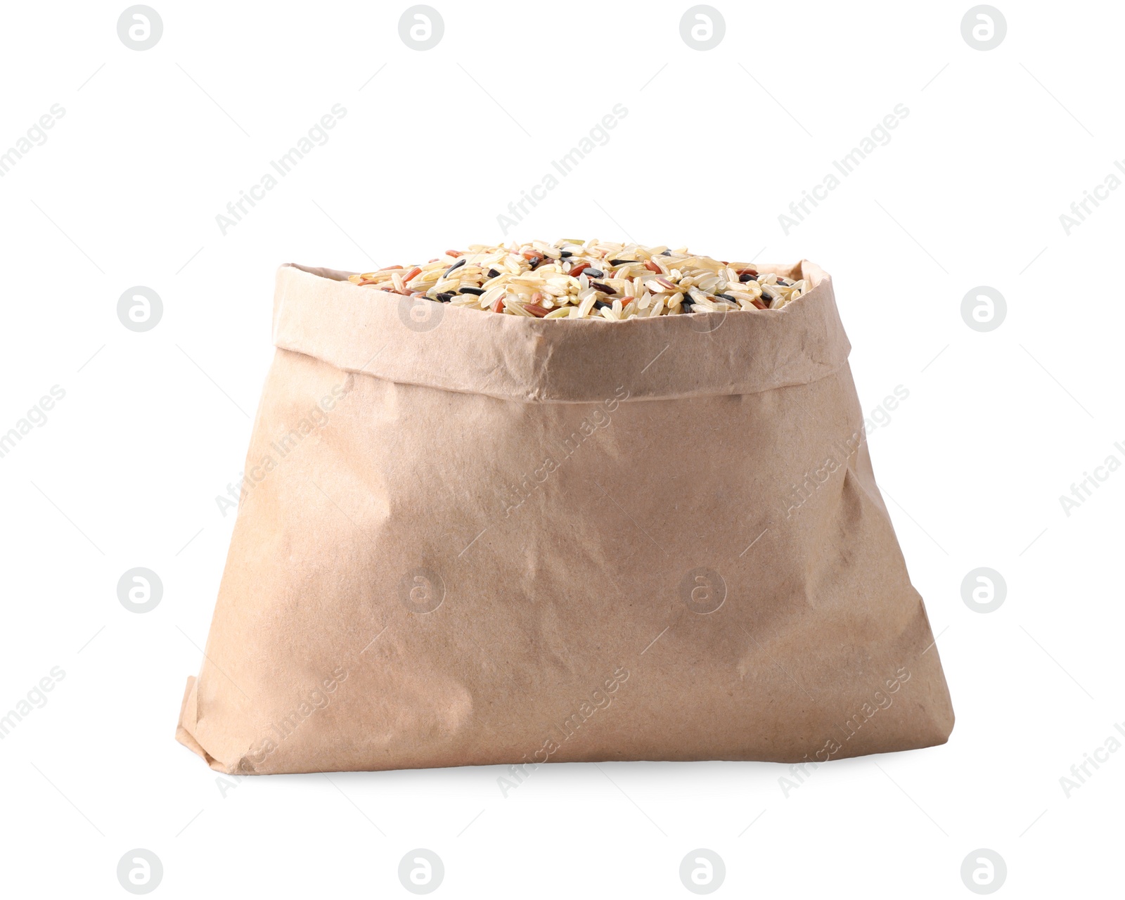 Photo of Mix of brown rice in paper bag isolated on white