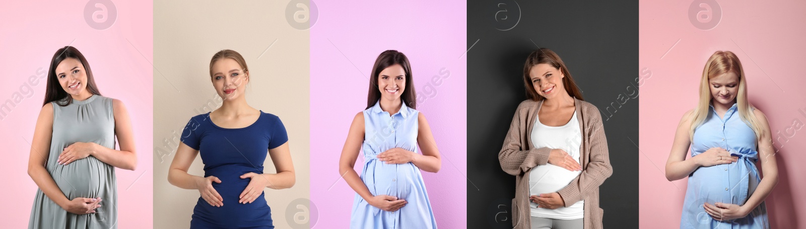 Image of Collage with photos of beautiful pregnant women on different color backgrounds. Banner design