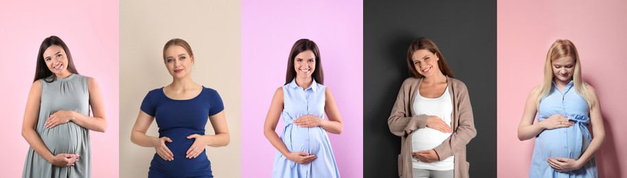 Collage with photos of beautiful pregnant women on different color backgrounds. Banner design