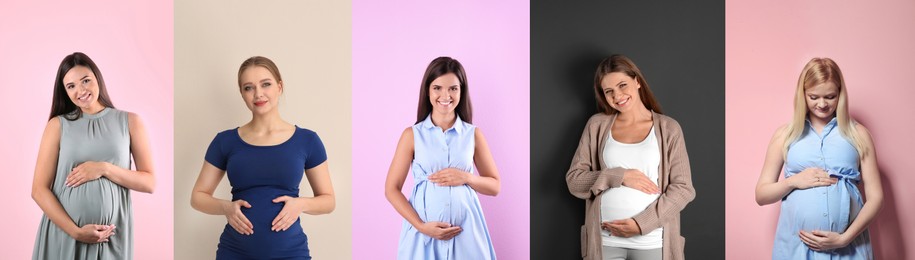 Image of Collage with photos of beautiful pregnant women on different color backgrounds. Banner design