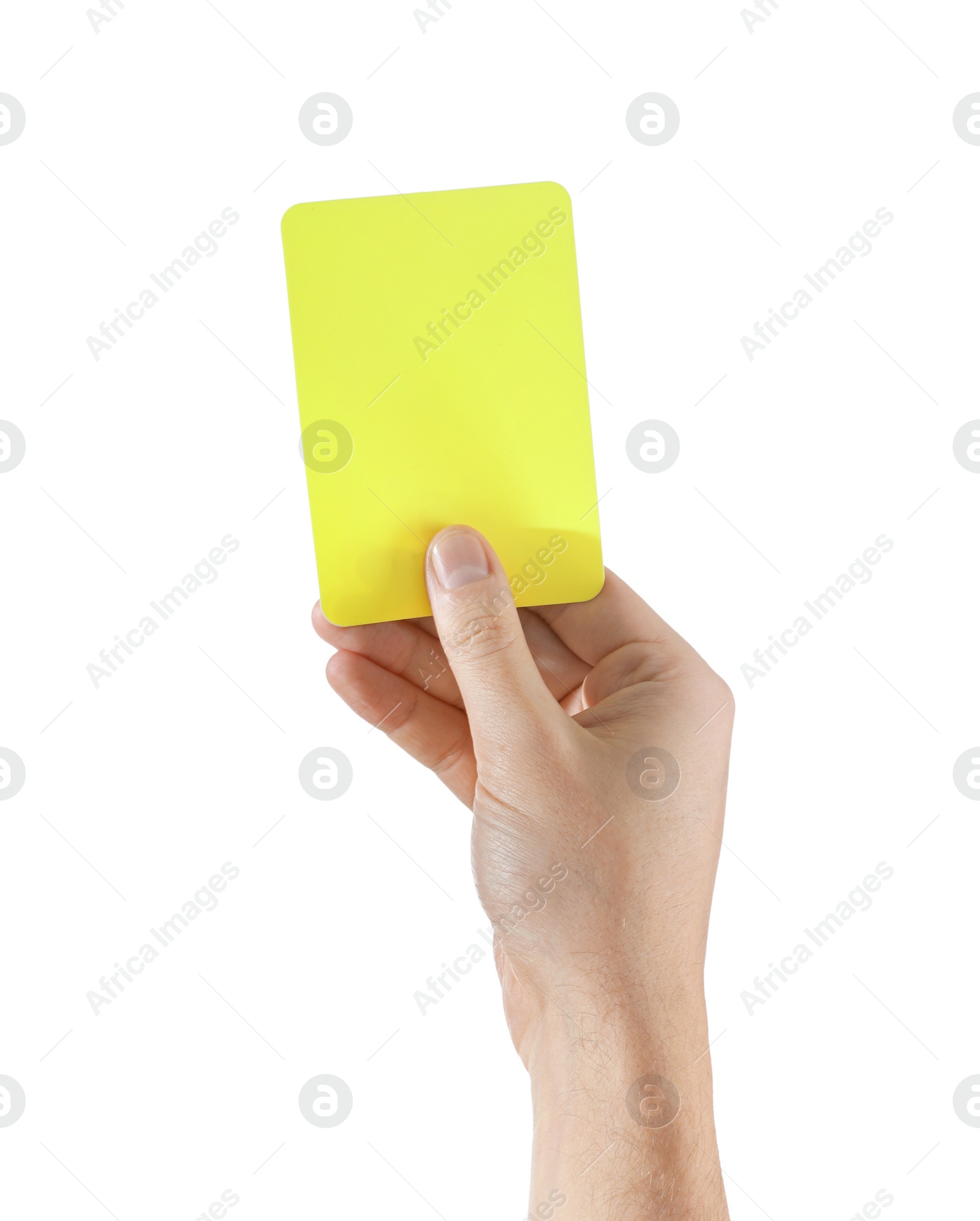 Photo of Referee holding yellow card on white background, closeup