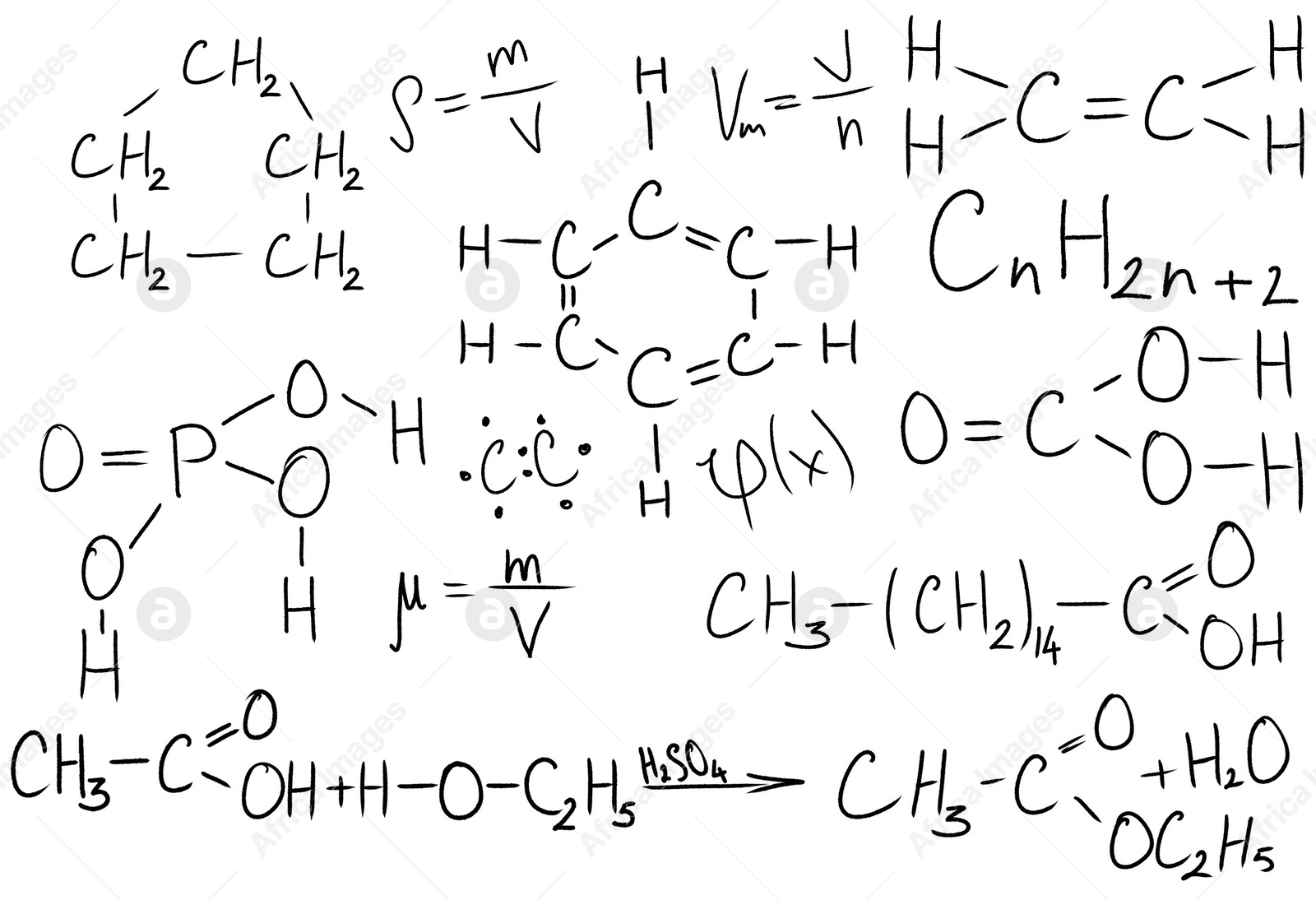 Illustration of Different chemical formulas and reactions on white background