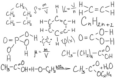 Illustration of Different chemical formulas and reactions on white background