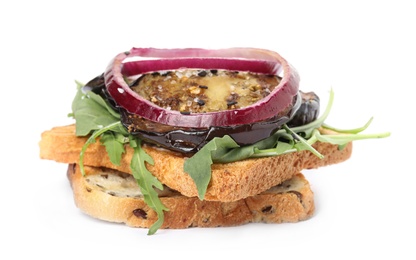 Delicious fresh eggplant sandwich isolated on white