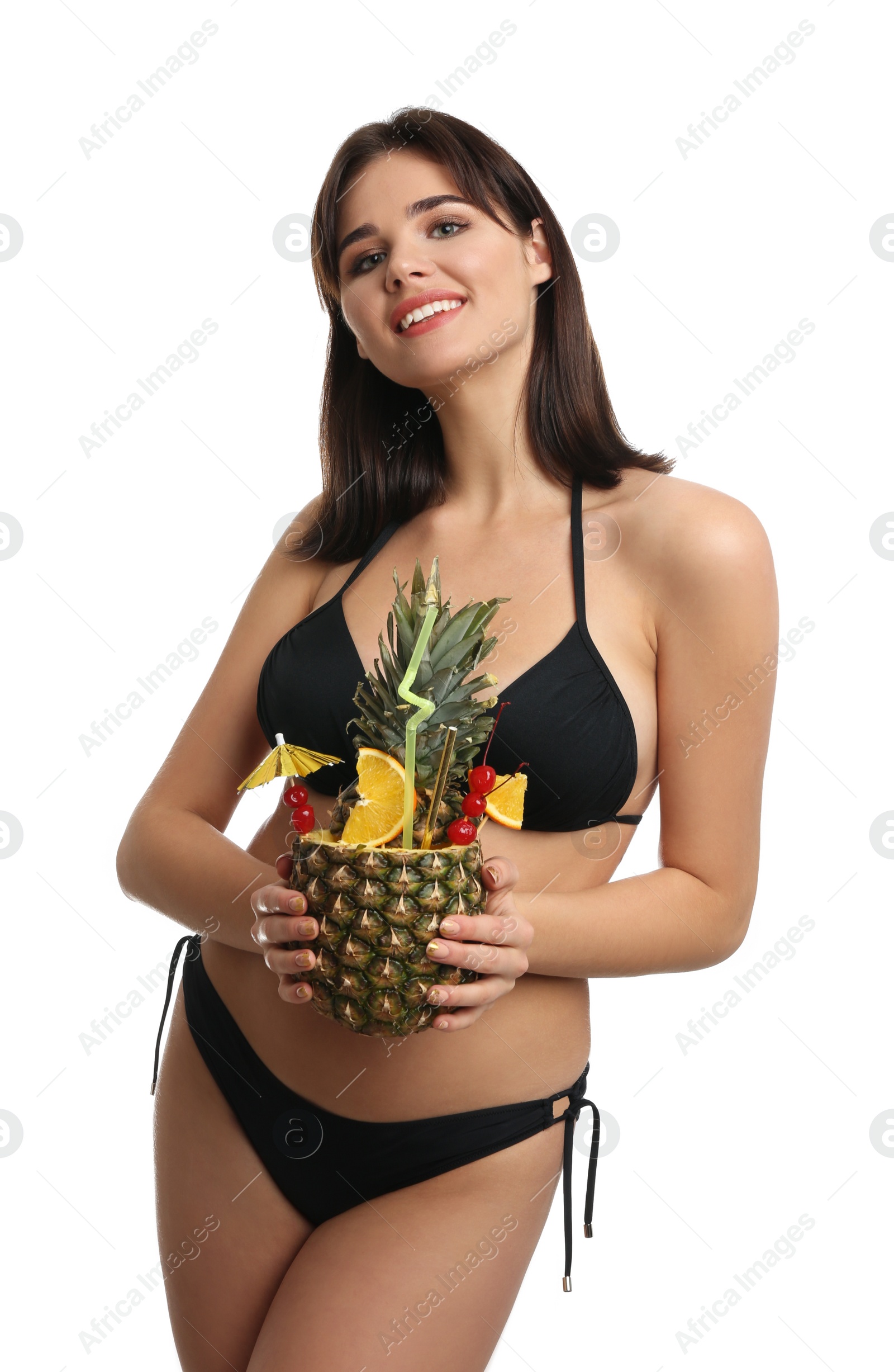 Photo of Beautiful woman in stylish bikini holding tropical cocktail on white background