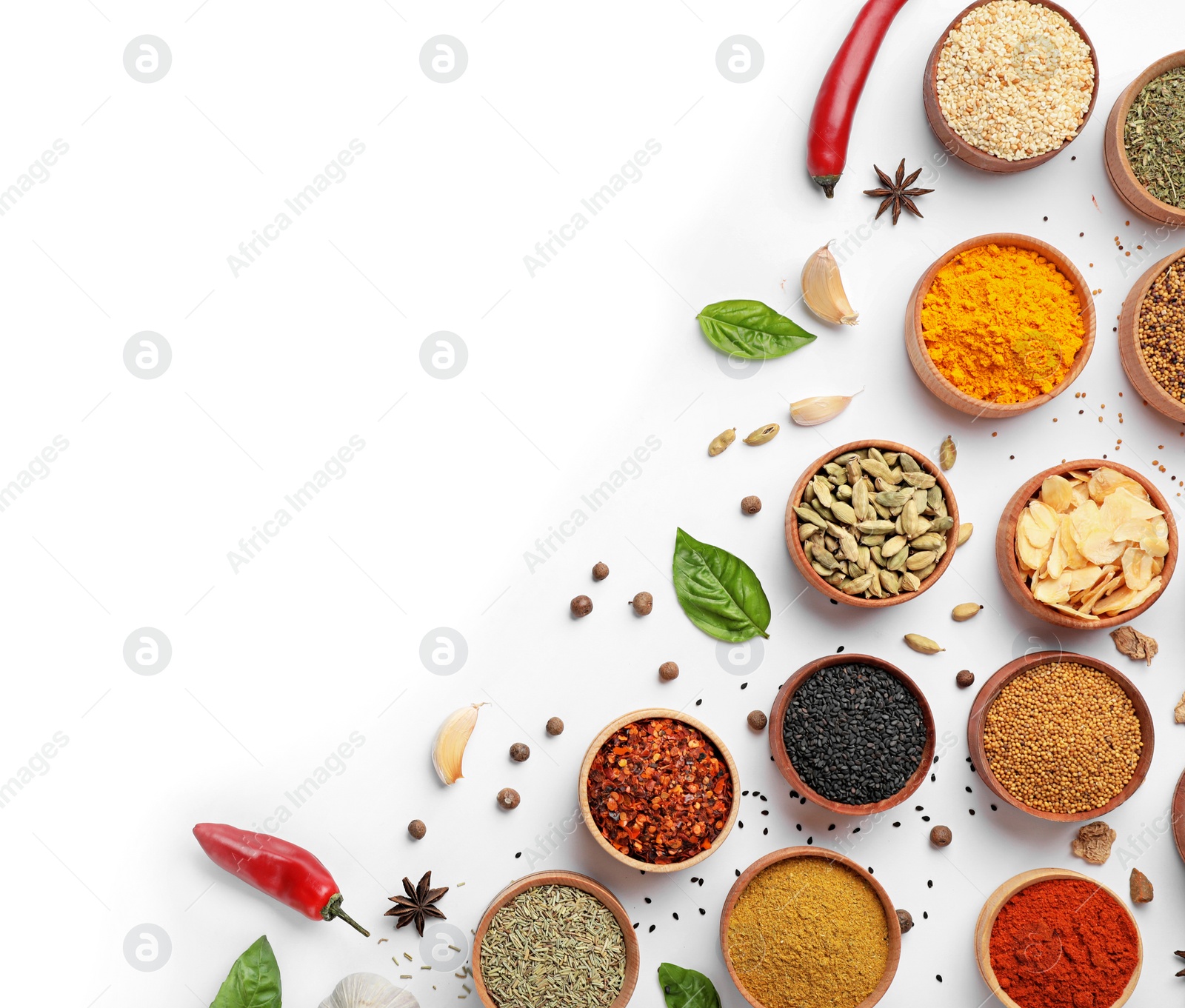 Photo of Beautiful composition with different aromatic spices on white background