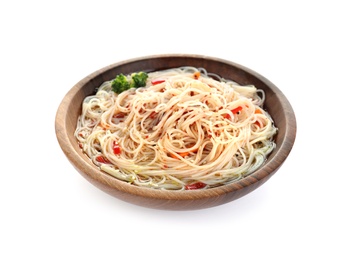 Photo of Bowl of delicious noodles with broth and vegetables isolated on white