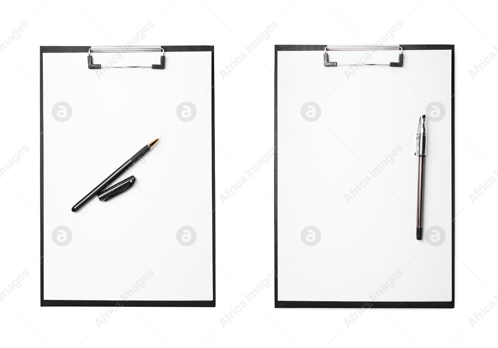 Image of Black clipboards with blank sheets of paper and pens on white background, top view