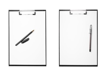 Black clipboards with blank sheets of paper and pens on white background, top view