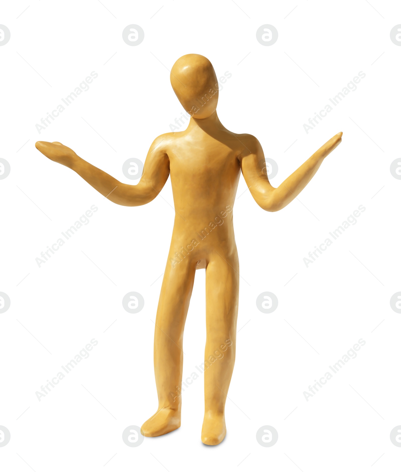 Photo of Human figure with arms wide open made of yellow plasticine isolated on white