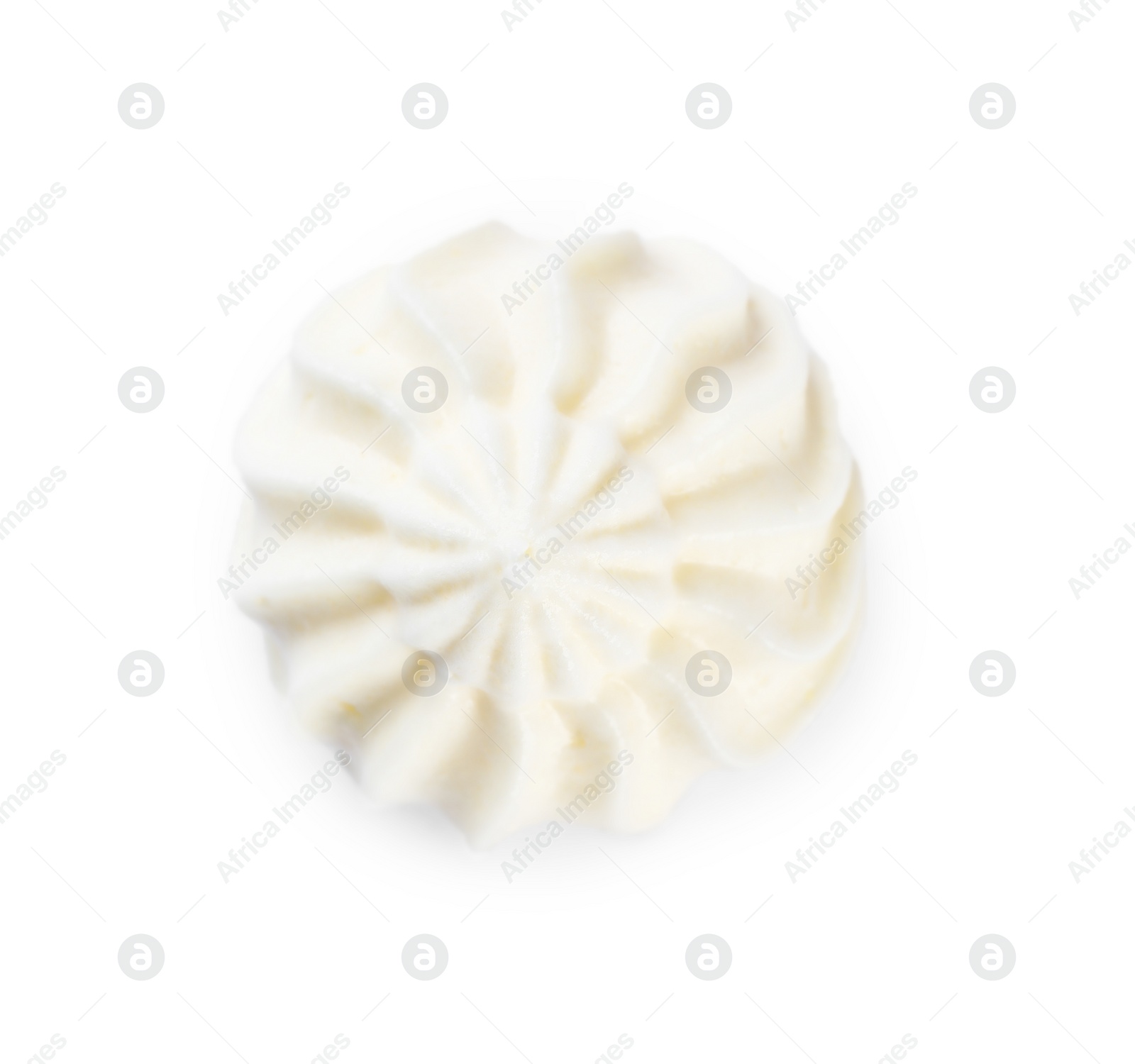 Photo of Delicious fresh whipped cream isolated on white, top view