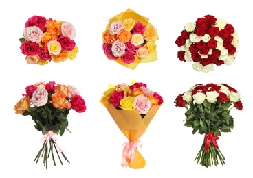 Image of Set of beautiful rose bouquets on white background