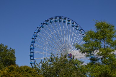 Photo of Amusement park. Beautiful Ferris wheel and green trees against blue sky