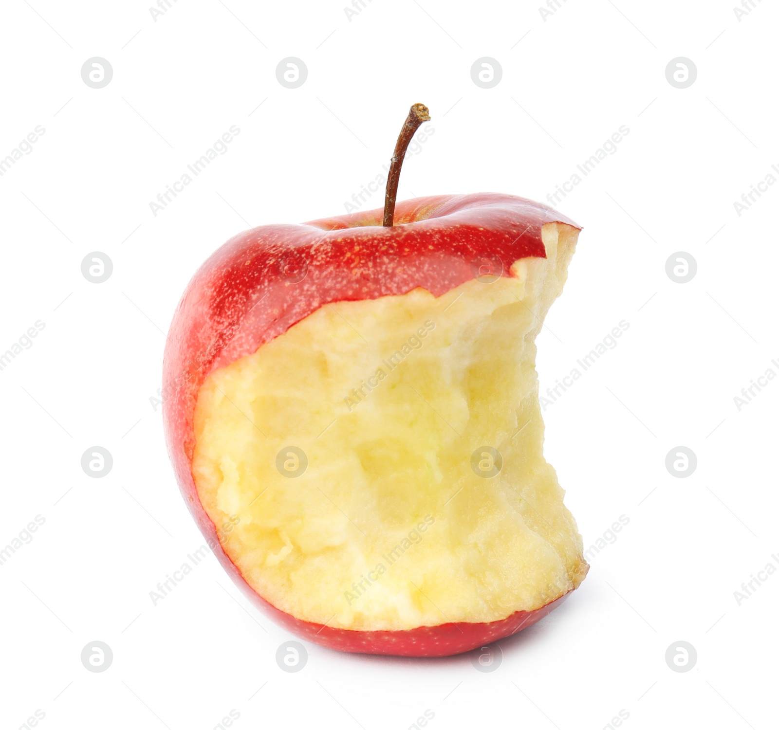 Photo of Half eaten red apple on white background