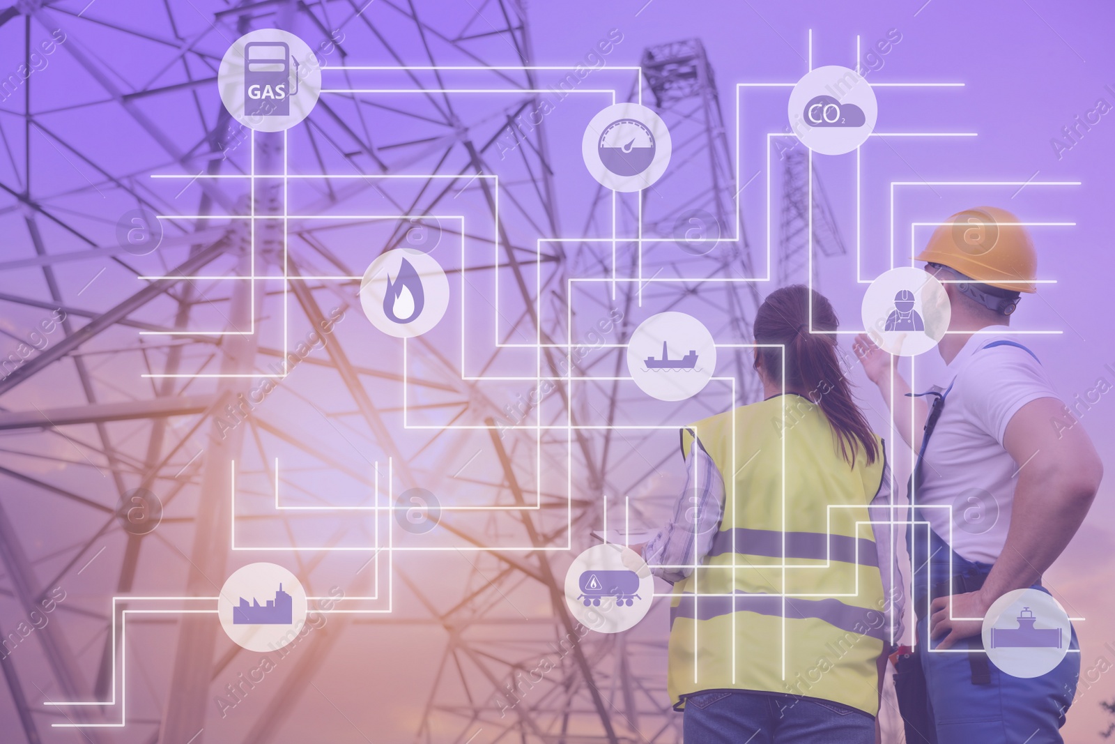 Image of Professional engineers near gas drilling rig and illustration of different icons