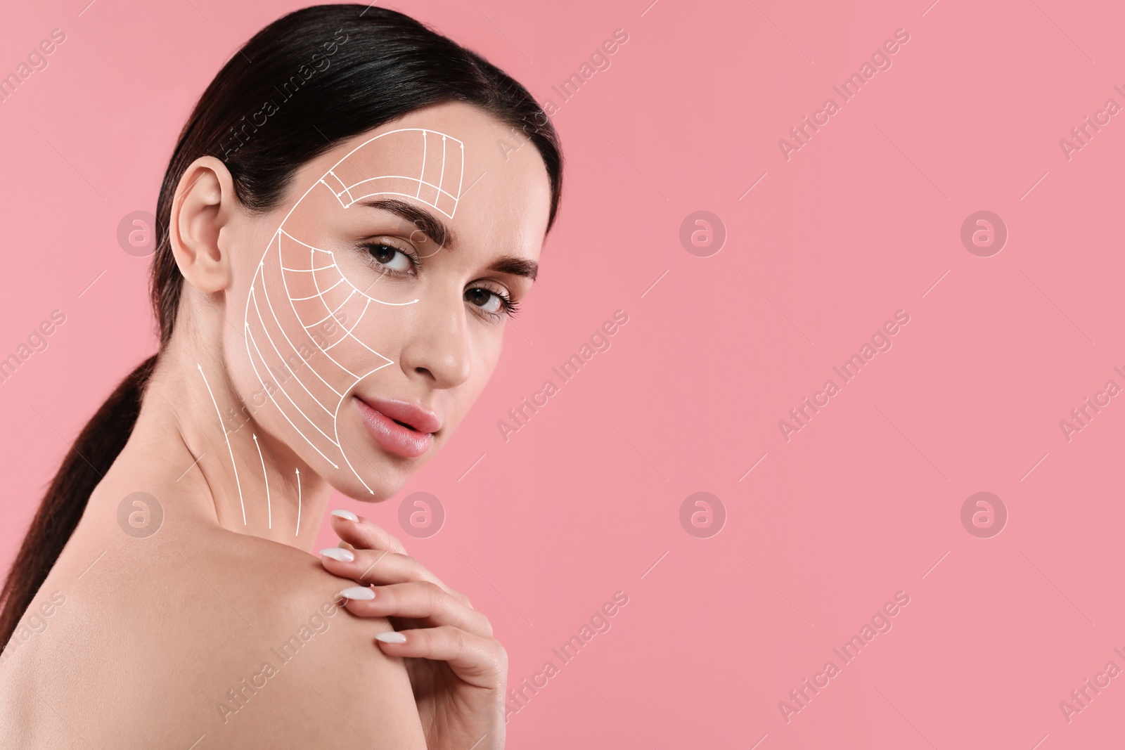 Image of Attractive woman with perfect skin after cosmetic treatment on pink background, space for text. Lifting arrows on her face