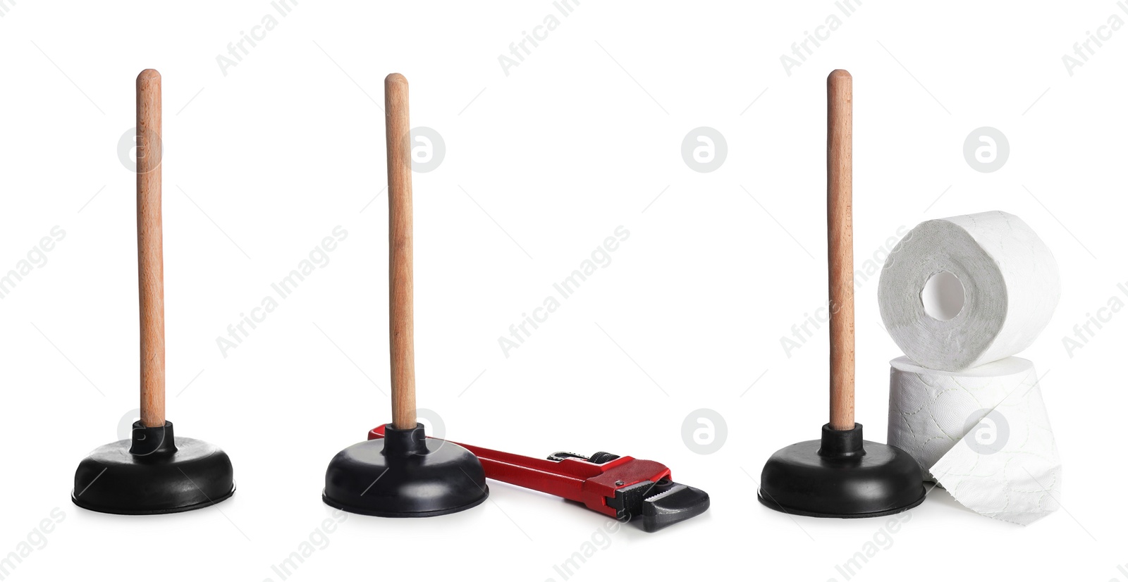 Image of Set with different plungers on white background. Banner design