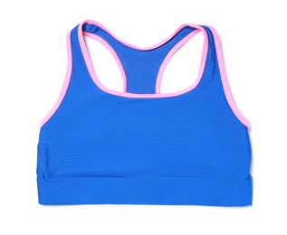 Photo of Blue sports bra isolated on white, top view. Comfortable wear
