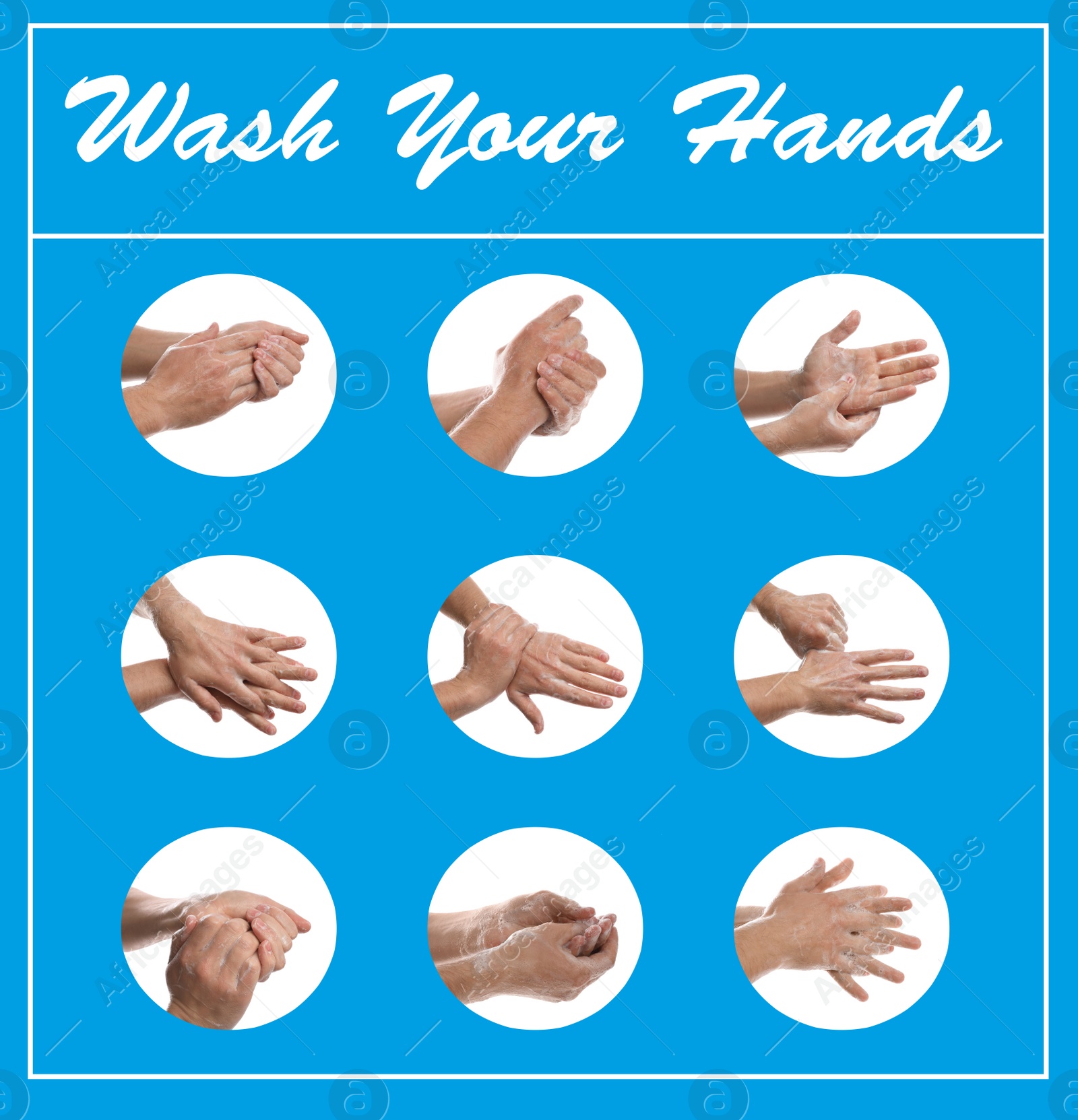 Image of Steps of washing hands effectively. Collage with man on blue background, closeup