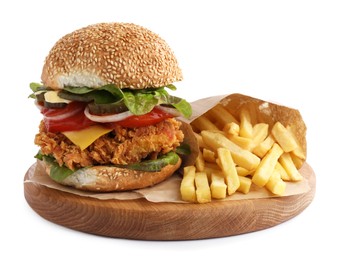 Delicious burger with crispy chicken patty and french fries isolated on white