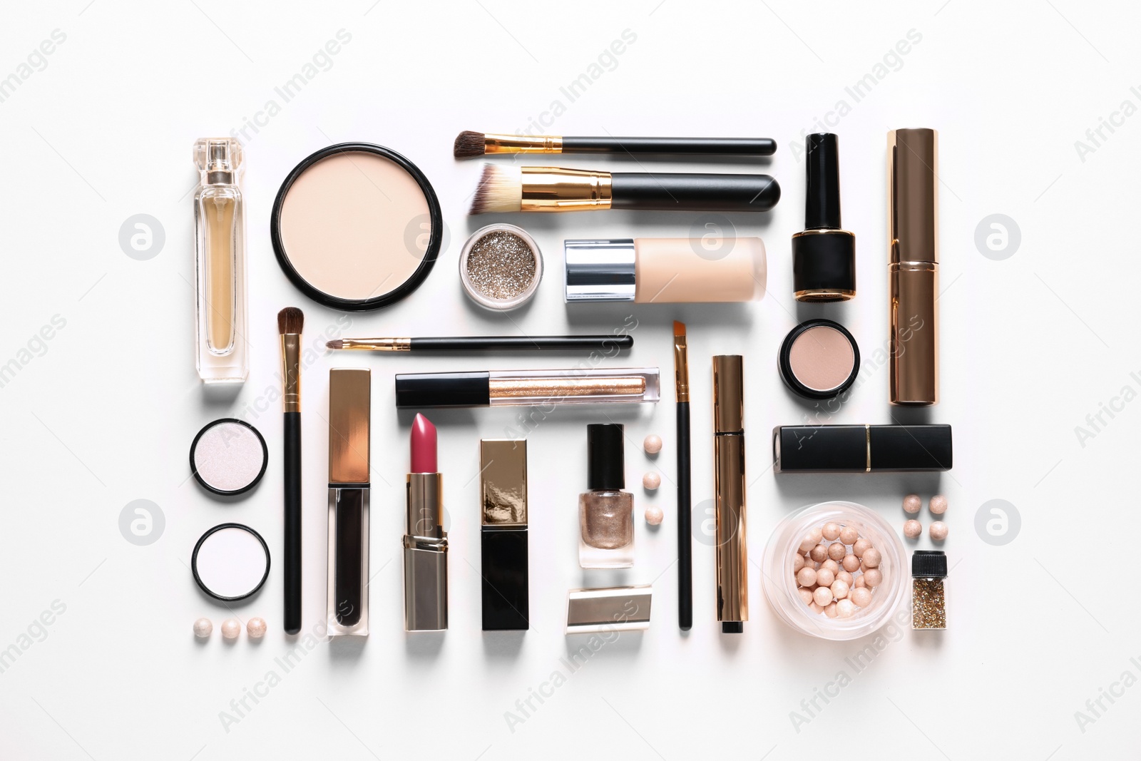 Photo of Set of luxury makeup products on white background, top view