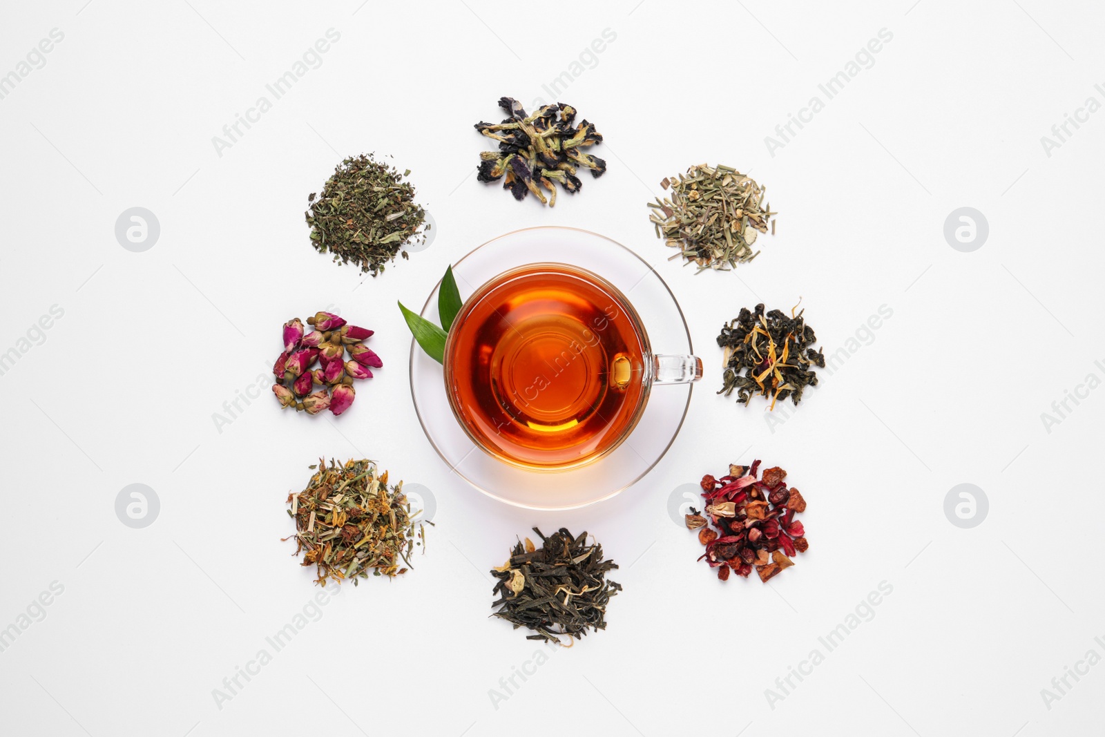 Photo of Composition with brewed tea, dry and fresh leaves on white background, top view