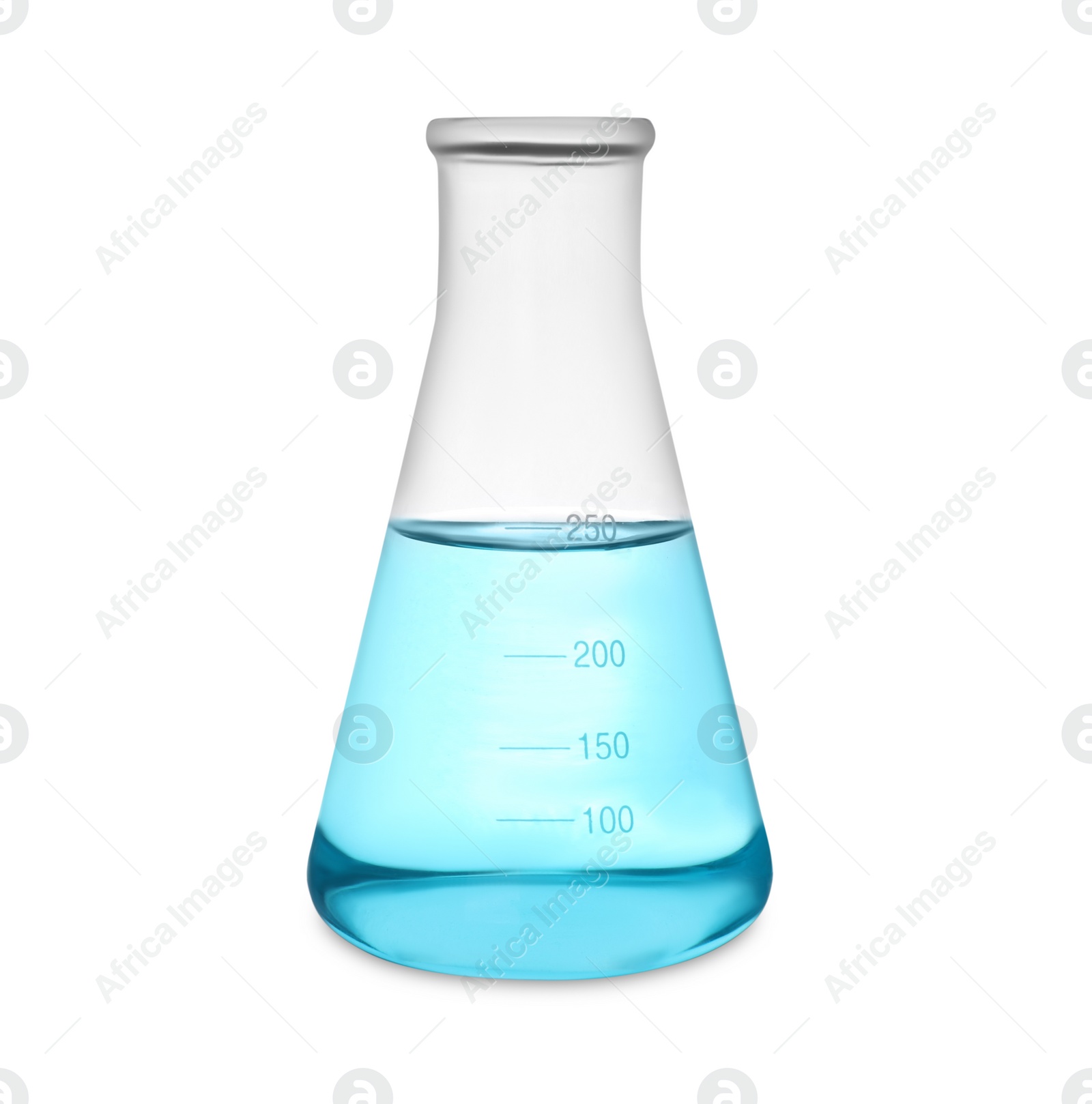 Photo of Conical flask with light blue liquid isolated on white