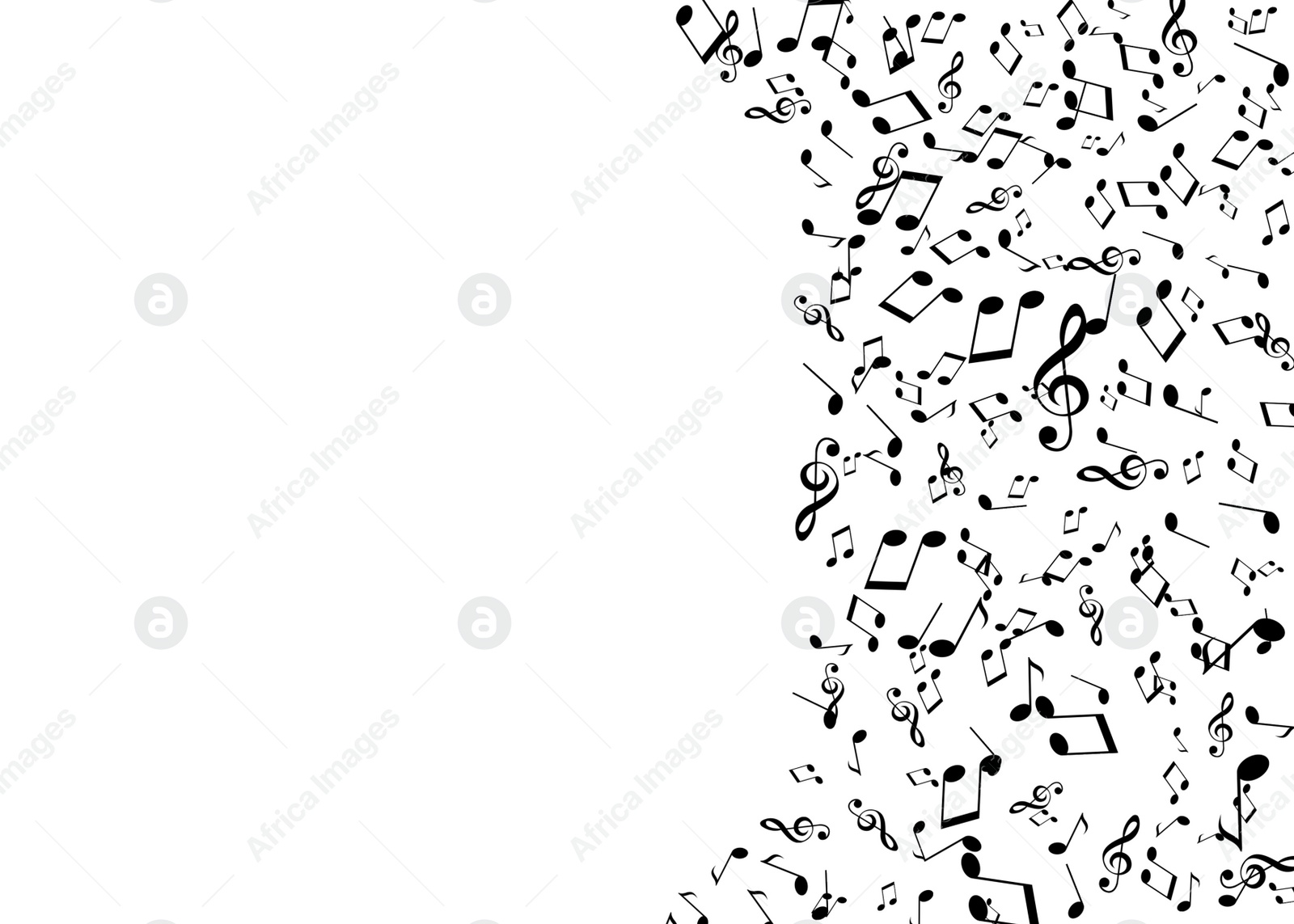 Illustration of Many music notes and treble clefs flying on white background