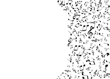 Illustration of Many music notes and treble clefs flying on white background