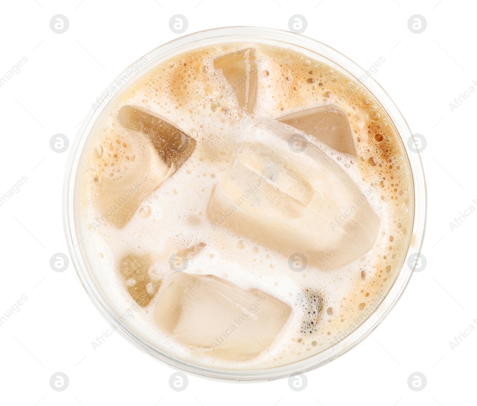 Photo of Takeaway plastic cup with cold coffee drink isolated on white, top view