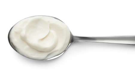 Photo of Spoon with tasty mayonnaise sauce isolated on white, top view