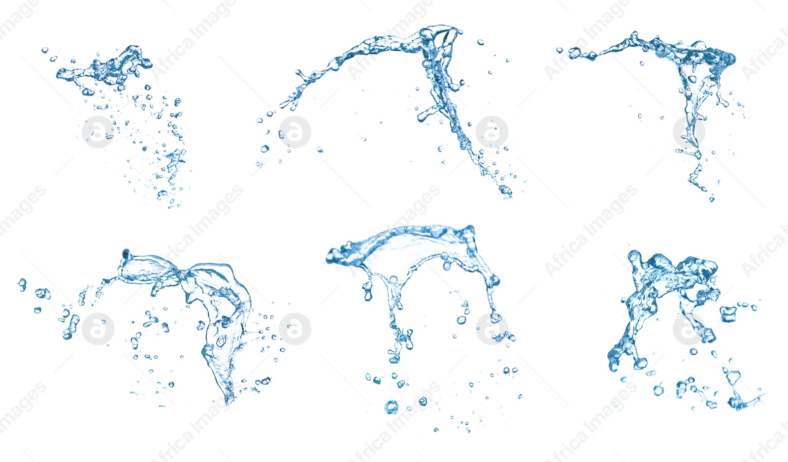 Image of Set with splashes of pure water on white background