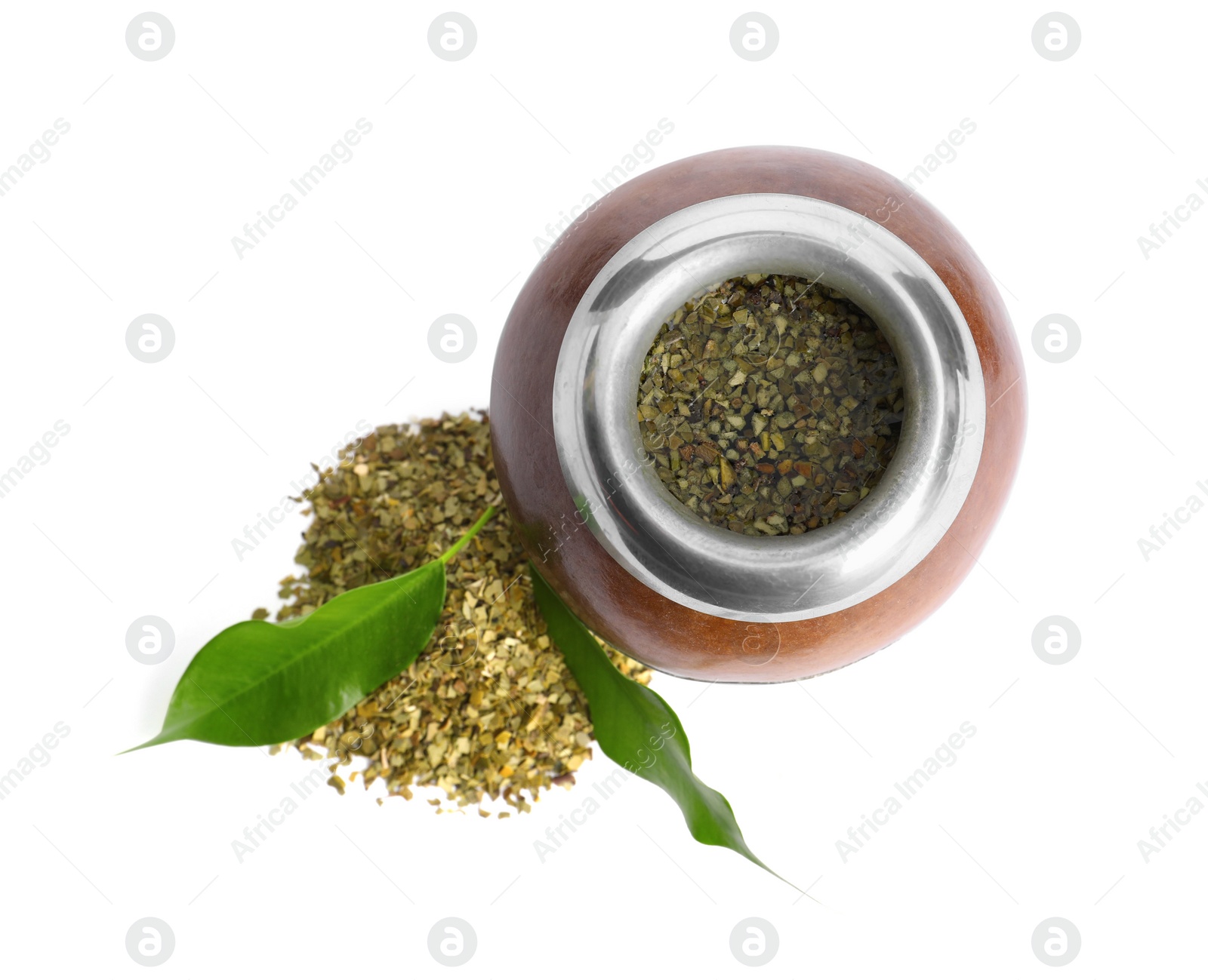 Photo of Calabash with mate tea on white background, top view