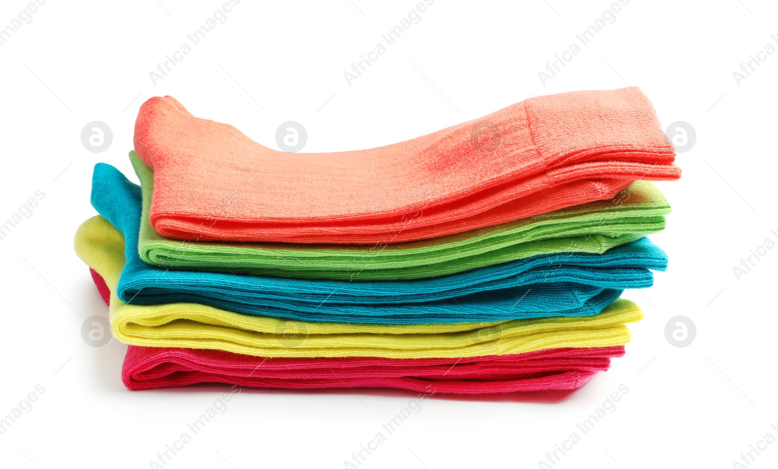 Photo of Different colorful socks on white background