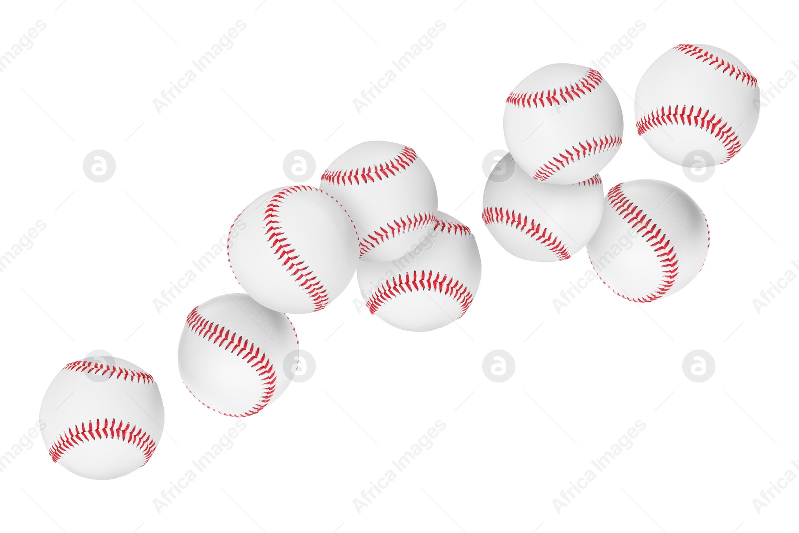 Image of Many baseball balls flying on white background