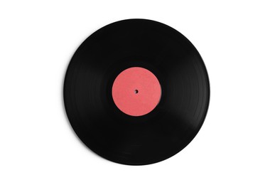 Photo of Vintage vinyl record on white background, top view