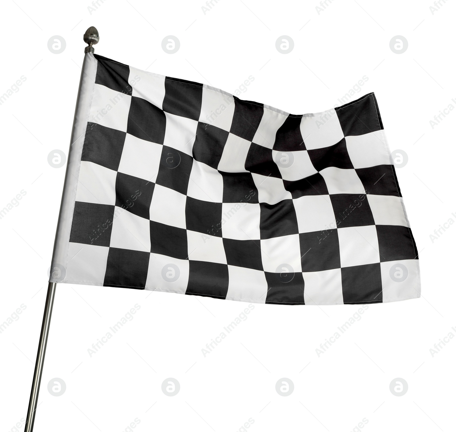 Photo of Checkered finish flag on white background. Auto racing symbol