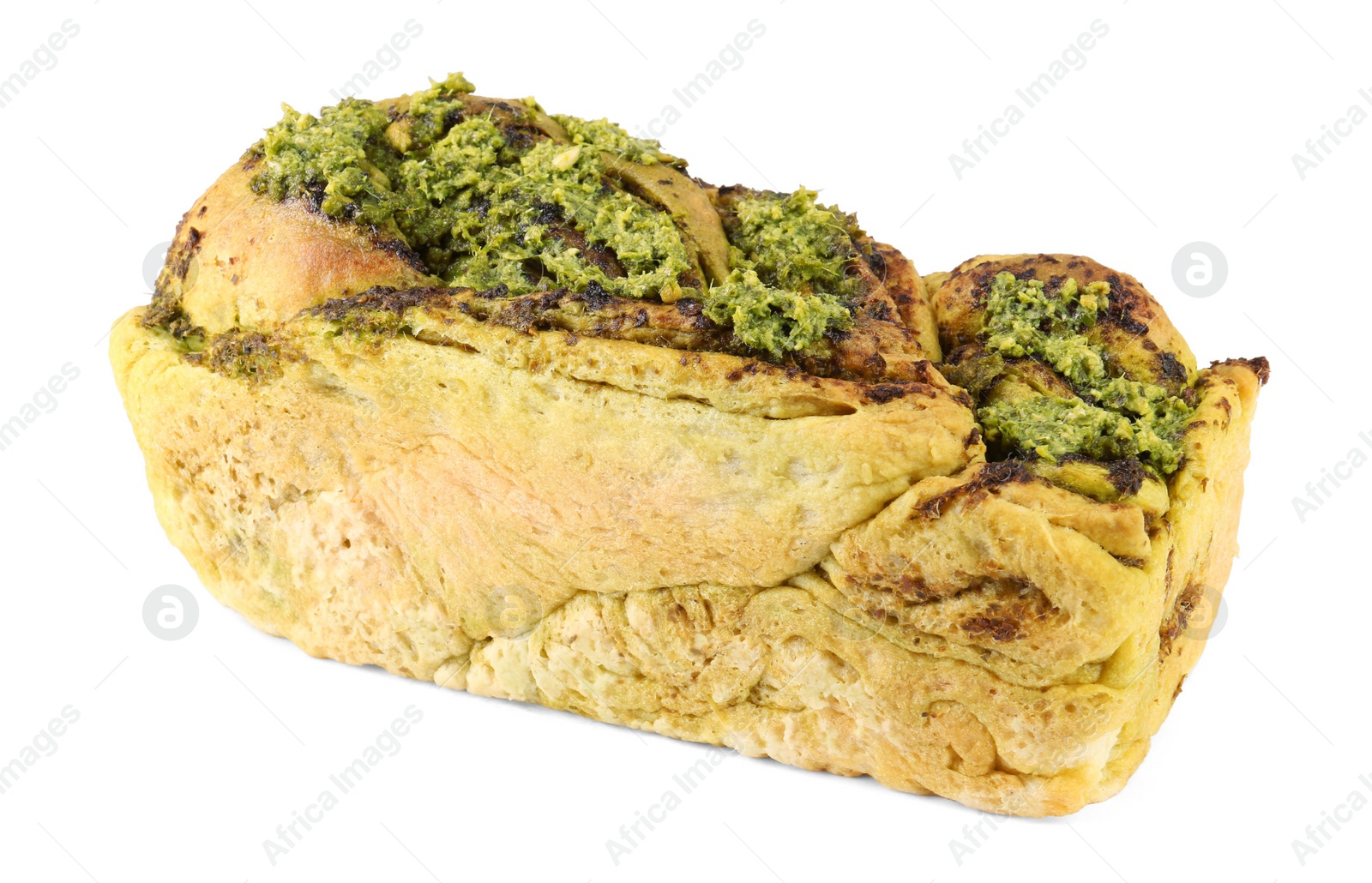 Photo of Freshly baked pesto bread isolated on white