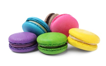 Photo of Different delicious colorful macarons on white background