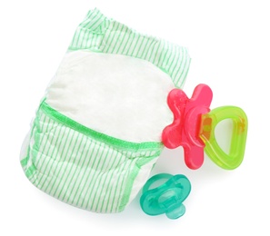 Photo of Diaper and baby accessories on white background, top view
